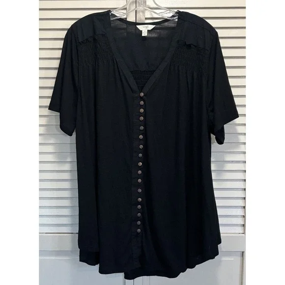 Terra & Sky Black Blouse Size 3XL Button Up Front Short Flutter Sleeve Smocked - Picture 1 of 6